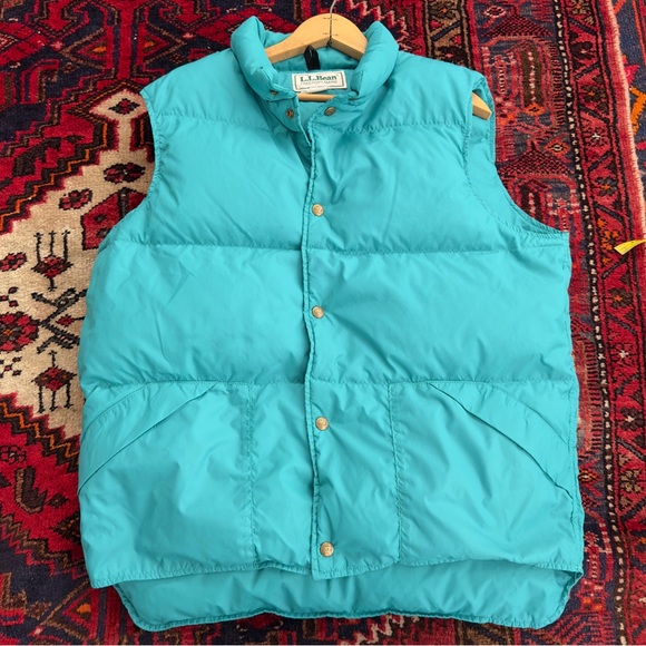 Vintage 80s/90s L.L. Bean Goose Down Puffer Vest Teal Turquoise Snap USA Large